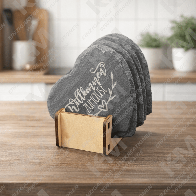 Personalisierte Schieferuntersetzer im Halter | Untersetzer Set mit Gravur – Deko & Geschenkidee