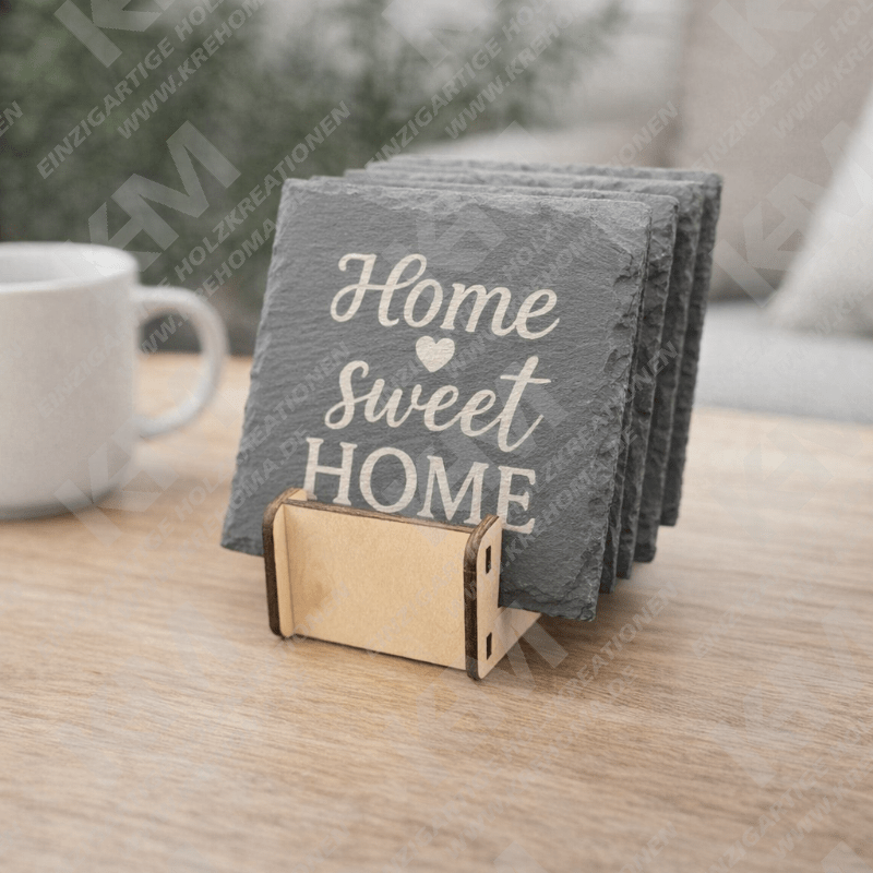 Personalisierte Schieferuntersetzer im Halter | Untersetzer Set mit Gravur – Deko & Geschenkidee