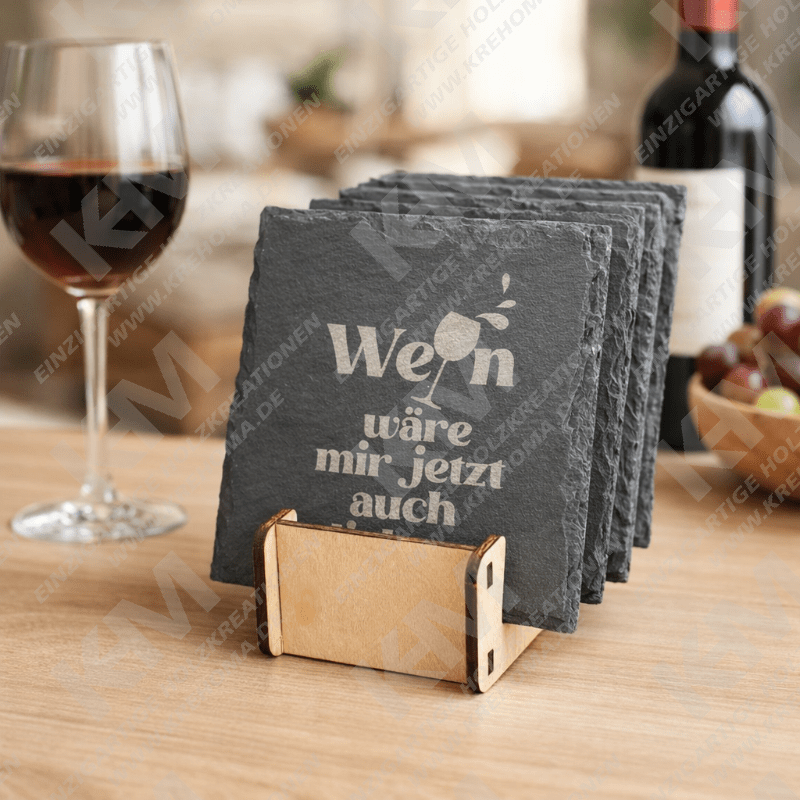 Personalisierte Schieferuntersetzer im Halter | Untersetzer Set mit Gravur – Deko & Geschenkidee